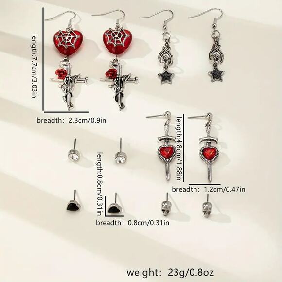 NEW Set of 6 Gothic Punk Earrings, Skull Stud, Heart Stud, Sword, Bat & Spider - Picture 4 of 4